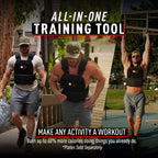 Man using a weighted vest for exercise outdoors with promotional text overlay.