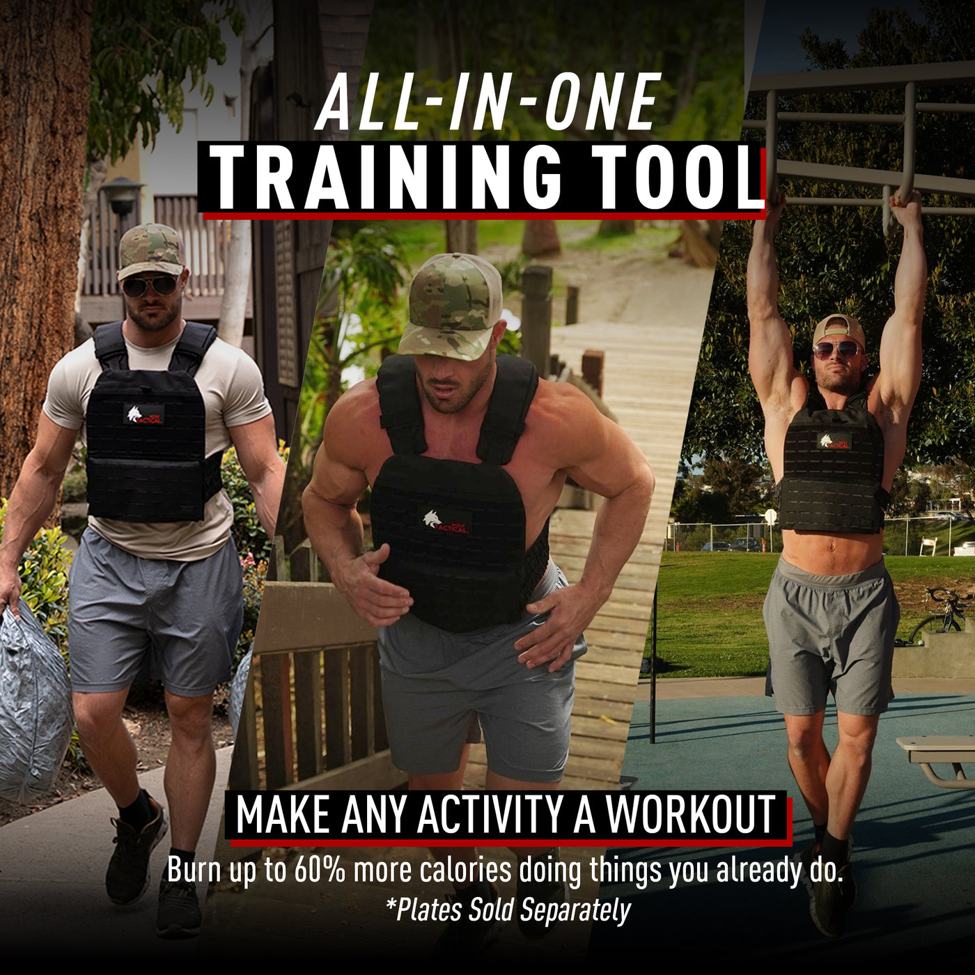 Man using a weighted vest for exercise outdoors with promotional text overlay.