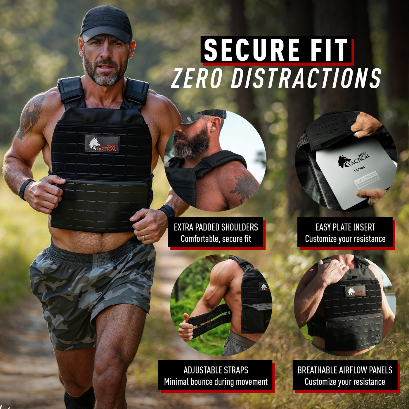 Man wearing a black weighted vest with features highlighted on a natural background