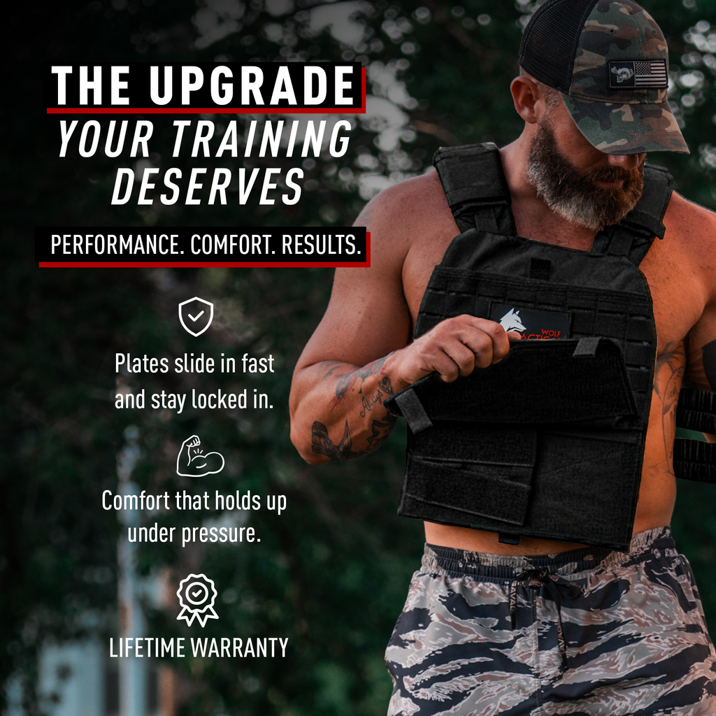 Man wearing a tactical vest with text highlighting features and benefits