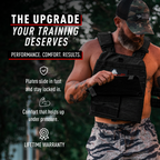 Man wearing a tactical vest with text highlighting features and benefits