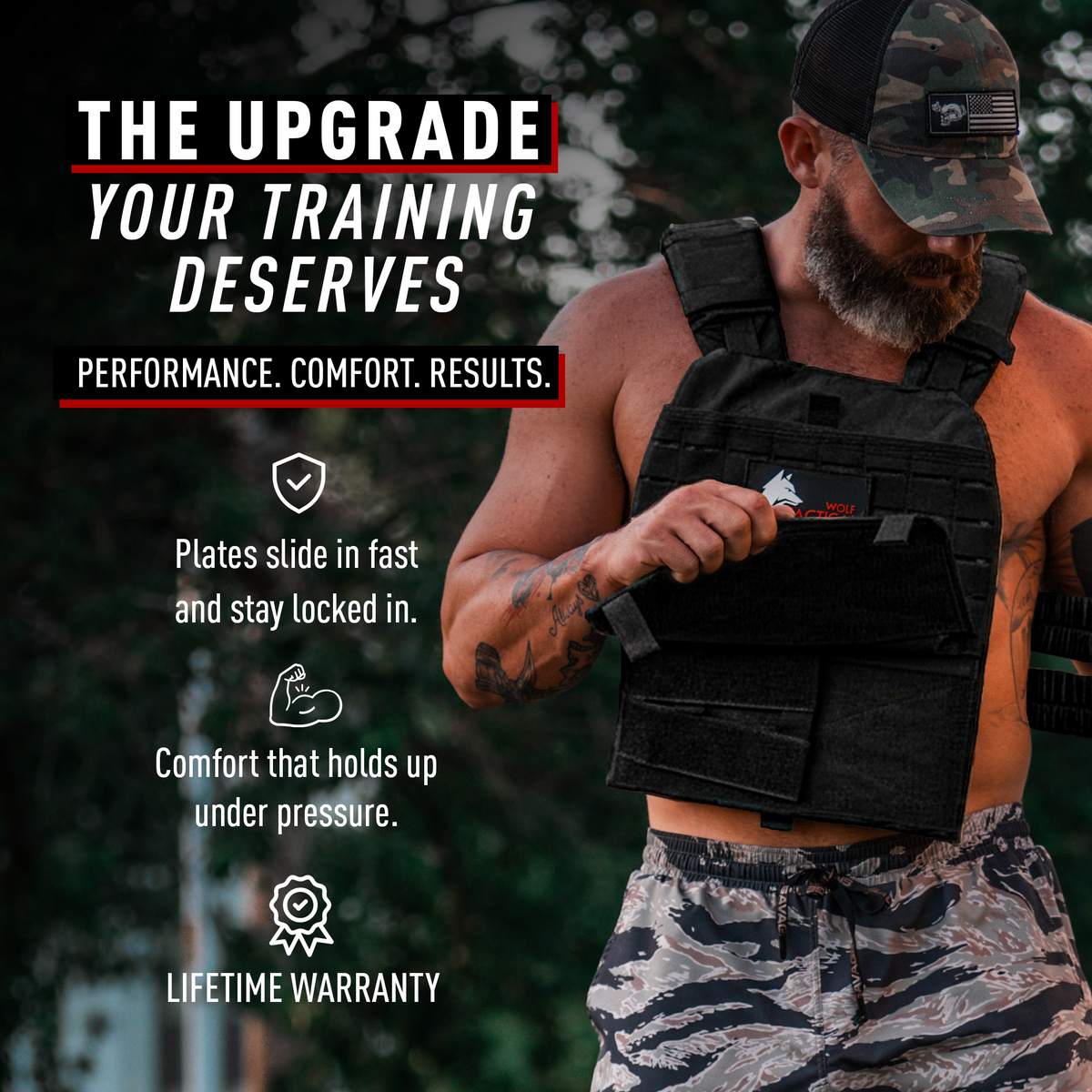Man wearing a tactical vest with text highlighting features and benefits