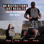 Person wearing a gray weighted vest with text about training freedom and exercises.