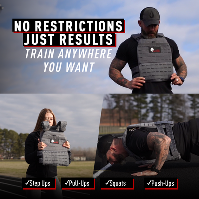 Person wearing a gray weighted vest with text about training freedom and exercises.