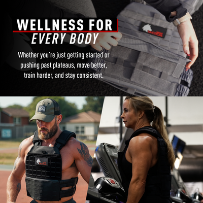 Advertisement for fitness products with text 'Wellness for Every Body' and images of people wearing a fitness vest.